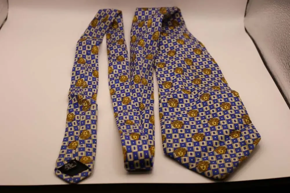 Gianni Versace Blue and Gold Medusa Head Geometric Silk Necktie